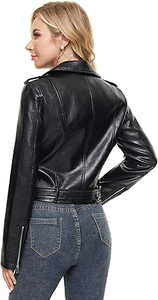 Chaqueta de Moto de Cuero PU para Mujer, Manga Larga, Cierre de Cremallera, Color Sólido, Estilo Otoñal, Cuello Camisero, Largo Regular - Product Image 2