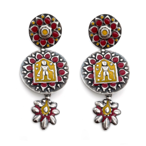 Boucles d'oreilles clous motif tribal en argent sterling 925 émaillé rouge et jaune, faites à la main, design exclusif Silver Mountain SKU7541 - Product Image 1