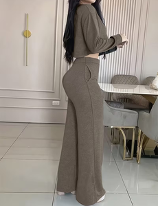Women 2-Piece <b>Knitted</b> <b>Set</b> Gray Full Sleeve Crop Top High Waist Wide Leg Pants Casual Solid Color All Seasons Loose Fit - Product Image 6