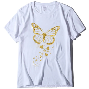 Camiseta con estampado de mariposa dorada para mujer, camiseta de manga corta con cuello redondo, camiseta para mujer, camisetas, ropa con brillo de mariposa dorada - Product Image 2