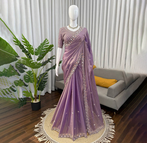 Saree en organza indien magnifiquement conçu avec broderie tendance pour les fêtes et les mariages - Product Image 1