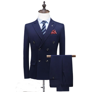 Costume d'affaires croisé pour homme en mélange de laine bleu, col à revers, devant plat, coupe droite, infroissable, tenue formelle - Product Image 3