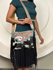 Lo más nuevo, cuero de vaca con flecos occidentales, bandolera, monedero de jugador, billetera de cuero tallado y tarjetero en relieve a mano, conjuntos de trío - Product Image 2