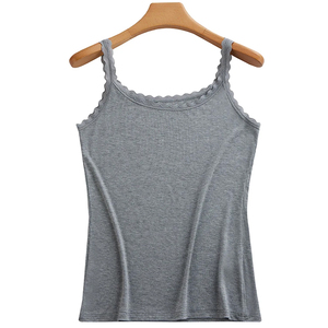 Camiseta sin mangas de punto acanalado para mujer al por mayor, camisola personalizada de color liso con ribete de encaje - Product Image 6
