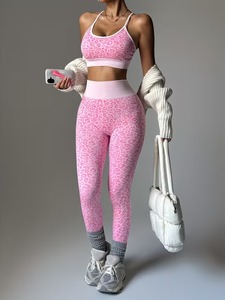 Women Two Piece Activewear Suit Animal Pattern Criss <b>Cross</b> Back Gym Crop <b>Top</b> and Tummy Control Glute Contouring Running Tights - Product Image 3