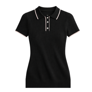 Haut Henley en tricot côtelé pour femmes, manches courtes, col polo boutonné, coupe ajustée, décontracté, élégant, pull d'été - Product Image 1