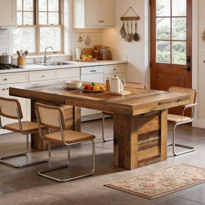 Tavolo da Pranzo in Legno Massello Rettangolare con Piano in Pietra Sinterizzata Effetto Marmo, Arredamento per Sala da Pranzo, Assemblato - Product Image 6
