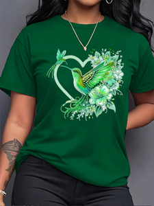 Camiseta de Mujer con Estampado Floral de Colibrí, Estilo Casual, Color Rosa, 100% Algodón Tejido, Ecológica, Transpirable, Ligera y de Secado Rápido - Product Image 2