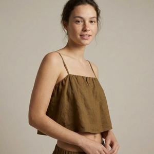 Women Brown Linen Crop Top Sleeveless <b>Spaghetti</b> <b>Strap</b> Loose Fit Summer Casual Camisole - Product Image 3