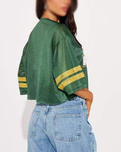 Women's <b>Mesh</b> <b>Crop</b> Jersey V Neck Lace Trim Short Sleeve Relaxed Fit Casual Fashion <b>Top</b> Custom Logo Soft Fabric women's shirt - Product Image 3