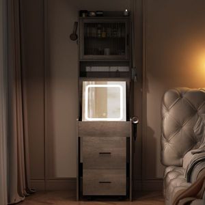 Compatto Mini angolo grigio Set di vanità piccolo spazio scaffali di stoccaggio luci LED stazione di ricarica nascosto sgabello trucco vanità - Product Image 6