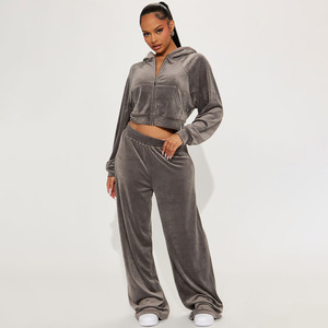 Women’s Velvet <b>Velour</b> Tracksuit <b>Set</b> – Cropped Zip Hoodie & Wide Leg Sweatpants 2 Piece <b>Velour</b> <b>Lounge</b> <b>Set</b> for Women – Crop Hoodie - Product Image 1