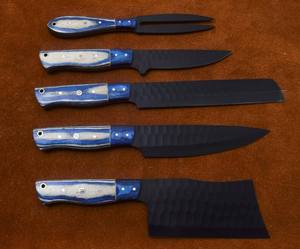 Handmade High Carbon Steel 5 Piece <b>Knife</b> <b>Set</b> With Wood Handle Black Hammered Blade Chef <b>Knives</b> Ambidextrous Straight Edge - Product Image 3