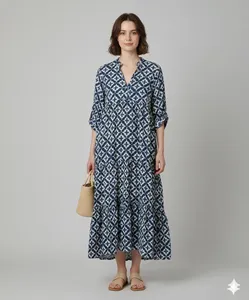 Robe maxi à imprimé géométrique de luxe, col en V, manches trois quarts, coton, coupe ample, robe d'été décontractée - Product Image 2