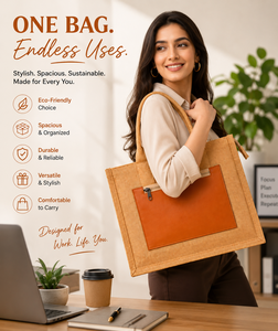 Eco-Friendly Jute Tote Bag With Leather Zipper Pocket Solid Color Minimalist Style For Shopping All Seasons - Product Image 3