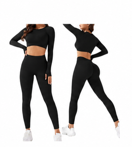 2026 New Design Women's 2 Piece Solid Long Sleeve Quick Dry Spandex/Nylon <b>High</b>-Waisted Yoga Set Activewear Pilates Gym Fitness - Product Image 3