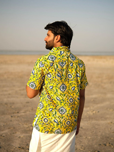 Yellow Cotton Sanganeri Hand Block Printed <b>Half</b> Sleeve <b>Shirt</b> for Men Casual Summer Beach Wear Floral <b>Shirt</b> - Product Image 4