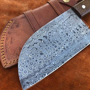 Handmade Ambidextrous Cleaver <b>Knife</b> in Damascus Steel with Micarta Handle and Leather Sheath Modern Design Dishwasher <b>Safe</b> - Product Image 2
