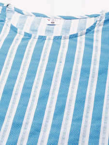 Haut pour femme en coton bleu à rayures imprimées, coupe classique, manches longues et col rond, conçu pour un usage quotidien décontracté et universel. - Product Image 5