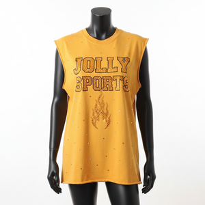 Camiseta sin mangas de algodón para mujer con estampado gráfico y logo de pedrería termoadhesiva, estilo largo. - Product Image 6