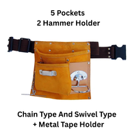 Pochette de ceinture à outils en cuir personnalisable avec ceinture en nylon à 5 poches 2 porte-marteaux-support de ruban métallique de type chaîne et pivotant Support OEM
