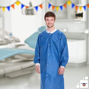 Paquete de batas de trabajo desechables 2X-Large para adultos 100 batas de laboratorio azules 40 Gsm SMS 3 bolsillos PPE ropa broches cuello de puños de punto delantero - Product Image 6
