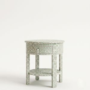 Artisan MOP Light <b>Green</b> Round <b>Bedside</b> <b>Table</b> with 1 Drawer Intricate Floral Pattern Luxury Furniture Inlay Bedroom Furniture - Product Image 1
