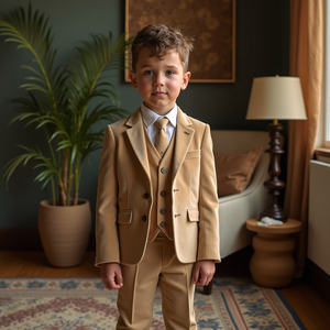 Costume 3 pièces beige personnalisé pour garçons, idéal pour mariage, cérémonie ou enfant d'honneur : blazer, gilet et pantalon - Product Image 2