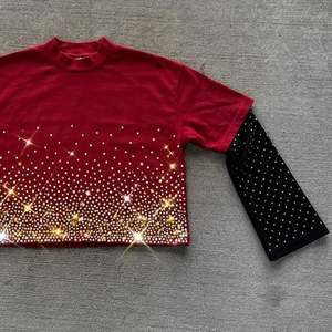 T-shirts d'été personnalisés pour fabricants de vêtements, à col double couche, effet vieilli, délavés à l'acide, avec strass, coupe oversize, courte et carrée - Product Image 6