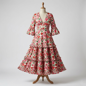 Tela 100% algodón con estampado a mano de Jaipur, estilo años 60, con motivos florales, textil indio hecho a mano para la fabricación de ropa de boutique. - Product Image 4