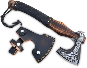 Viking Tomahawk Hatchet With Engraved Steel <b>Head</b> Wood Handle Leather Sheath Survival Axe Outdoor Use - Product Image 6