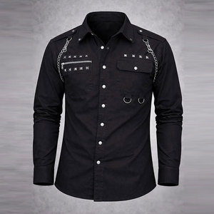 Top Selling Men's Black Gothic <b>Shirt</b> <b>Studded</b> Chains, Zipper Detail, Full-Sleeve Button-Down Custom Wholesale 2026 - Product Image 1