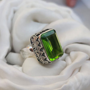 Handcrafted Brass Green Gemstone <b>Ring</b> Large Rectangular Emerald Cut <b>Statement</b> <b>Ring</b> Wholesale Jewelry for Women - Product Image 2