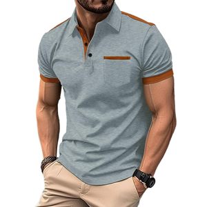 Polo pour homme bleu uni en maille à manches courtes avec poche, style décontracté color block, faible MOQ - Product Image 5