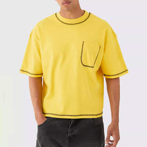 T-shirt Homme Oversize Personnalisé avec Poche, Coutures Contrastées, Coton Épais, Style Streetwear Décontracté, Haut Uni d'Été pour Homme, Coupe Oversize Contrastée - Product Image 2