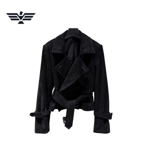 <b>Womens</b> Faux Suede Belted Biker Motorcycle <b>Jacket</b> Vintage Lapel Slim Fit Eco-Friendly <b>Lightweight</b> Custom OEM ODM Fashion - Product Image 2