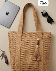 Fashion Tan Woven Rattan Shoulder Bag with Two Straps Tassel Purse for <b>Beach</b> Shopping Travel - Product Image 2