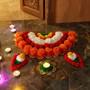 Handmade Artificial Marigold Flower Rangoli Decoration with <b>Tealight</b> <b>Holders</b> for Diwali Wedding Festival Home Decor - Product Image 2