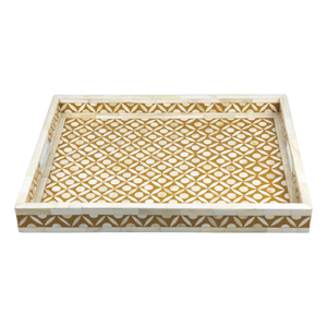 Plateau de service tendance à motif floral en os de chameau, fait main avec poignée, couleur or crème, article ménager, plateau en os naturel - Product Image 3