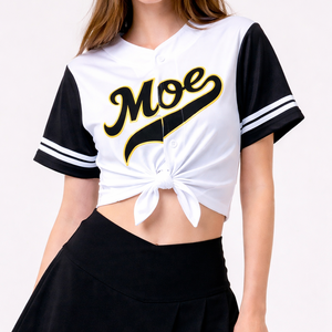 Vente en gros de hauts tendance pour femmes, style jersey de baseball court, à boutons sur le devant, avec manches contrastantes, style streetwear, marque privée, fabricant OEM en gros - Product Image 2