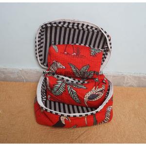 Beautiful Block Printed Quilted Cotton Vanity Bag Set Of 3 Pieces Women's Travel Cosmetic Pouch Storage Cosmetic Bags And Cases - Product Image 4