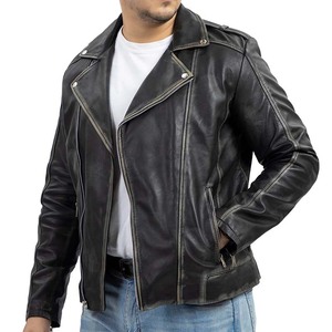 <b>Men's</b> Genuine <b>Leather</b> Moto <b>Jacket</b> with Zipper Closure Stand Collar Vintage Style Embroidered Canvas Autumn Regular Fit - Product Image 1