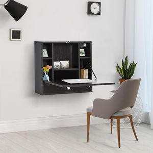 Scrivania Nera da Parete Resistente con Ripiani Portaoggetti, Design Moderno e Semplice Salvaspazio, Tavolo Pieghevole per Computer - Product Image 2