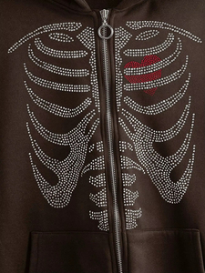 Sweat-shirt à capuche marron zippé avec motif squelette en strass, unisexe, décontracté, en polaire, coupe classique pour l'automne - Product Image 6
