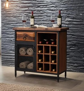 <b>Rustic</b> Solid Mango Wood Bar <b>Cabinet</b> with Wine Storage and Metal Mesh Door Freestanding Console for Drinks Organization - Product Image 3