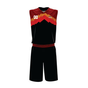 Conjunto de Uniforme de Baloncesto Sublimado Personalizado, Unisex, Sin Mangas, Cuello en V, Negro y Rojo, Estampado Geométrico, Absorbe la Humedad, con Nombre del Jugador - Product Image 1