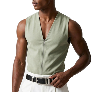 OEM Custom Men's Urban Streetwear Zip Up Tank <b>Top</b> Fashion Casual Wear Sleeveless V Neck Stylish Wholesale Bulk Tank <b>Tops</b> For Men - Product Image 5