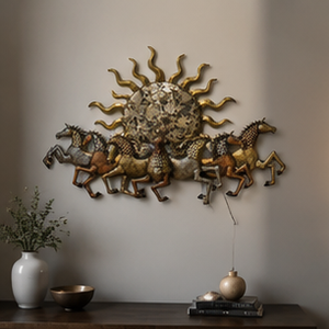 Décoration murale artisanale vintage en alliage de magnésium multicolore, 7 chevaux galopants et soleil éclatant, LED jaune, écologique et tendance pour la maison - Product Image 2