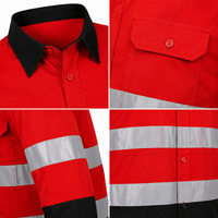 Kemeja Kerja Konstruksi Unisex Visibilitas Tinggi Merah Hitam Garis Reflektif Lengan Panjang Kancing Depan Saku Katun Bernapas