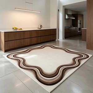 Modern Wavy Border Area Rug Cream Brown Abstract Hand Tufted Wool Carpet Luxury Living Room Bedroom Floor Decor Soft - Product Image 2